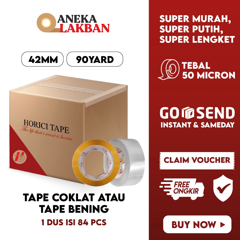 

Paling popular [GROSIR 1 DUS ISI 84 PCS] HORICI 1 DUS LAKBAN BENING COKLAT 2" INCH 42MM x 90 Yard ISOLASI BENING COKLAT 94