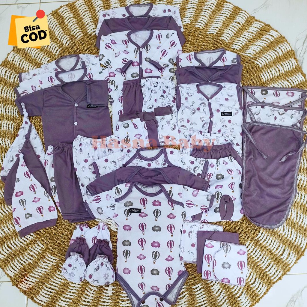 36 Pcs Paket Lahiran Lengkap Baju Bayi Celana Bayi Baru Lahir Karakter Lucu, Sartaki, Jumper, Popok Tali, Baby Gift Set Seri Purple Mouve -Juragan Lebak