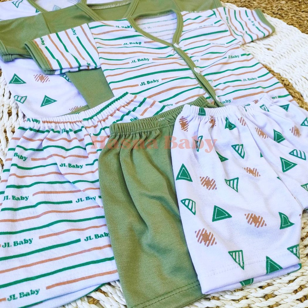 Paket 6Pcs, Setelan Baju Bayi Baru Lahir Lengan Dan Celana Pendek Baby Newborn Gift Set Seri Hijau Sage- Juragan Lebak