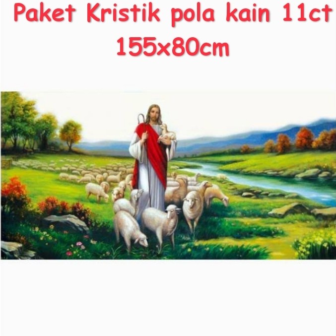 TERMURAH paket kristik pola kain Yesus gembala domba cross stitch rohani Jesus