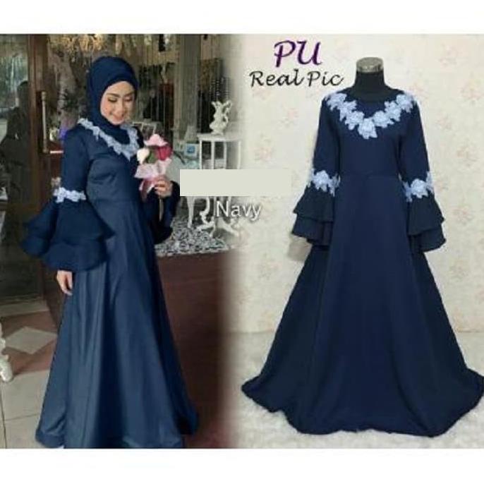 4837 gamis wanita muslimah biru navy dongker dress murah renda