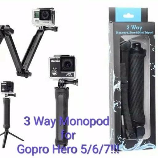 New 3 Way Monopod For Gopro, Brica, Xiaomi, Sj Cam