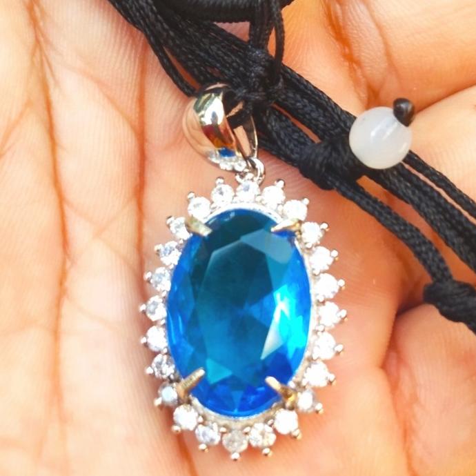 Silahkan Order] Kalung Liontin Alpaka Batu Akik Permata Blue Topaz Topas Swiss Cutting