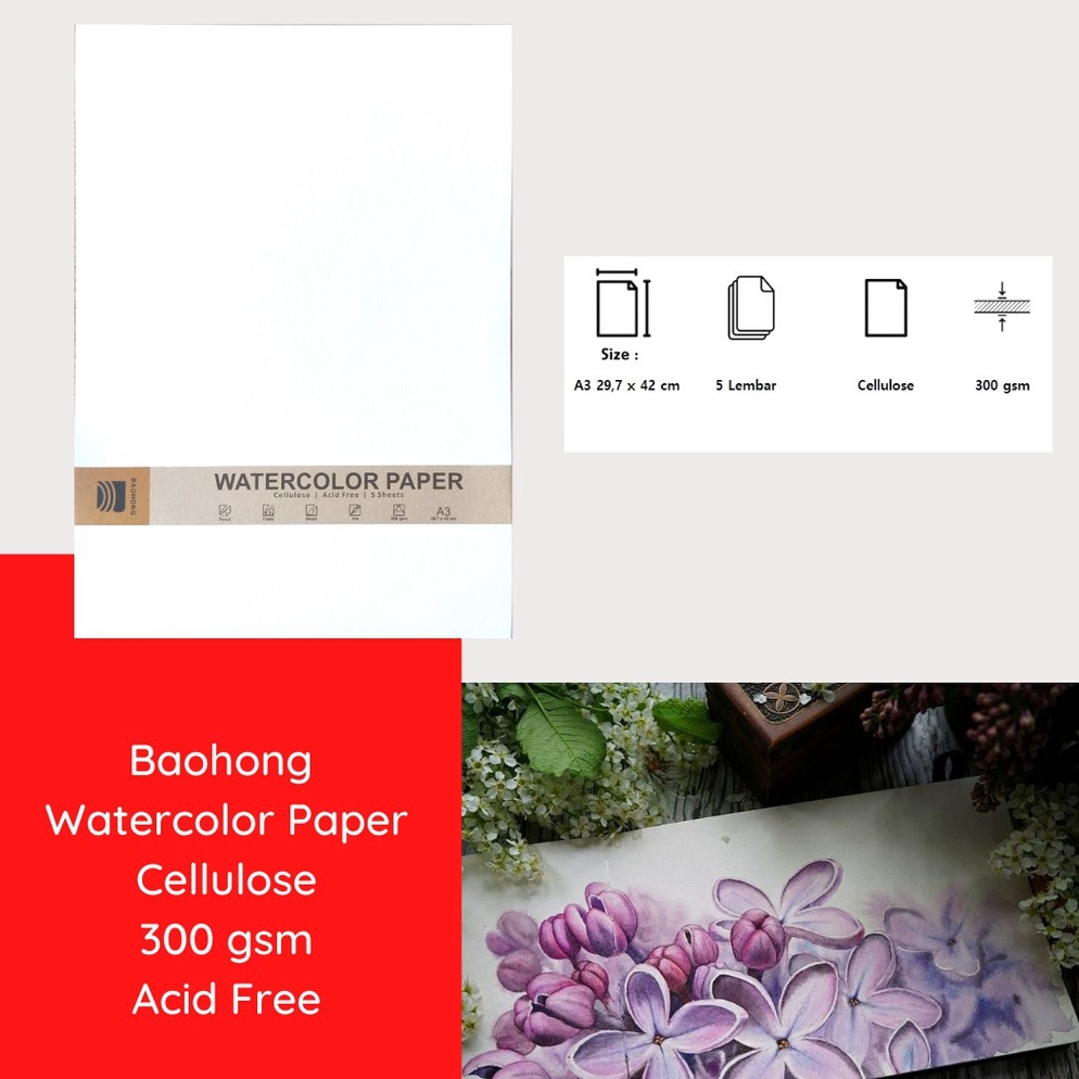 

Harga Promo.. Watercolor Paper Baohong 300gsm / 230gsm / 180gsm Cellulose A3 A9Z