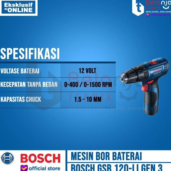 Bosch Bor Baterai Tembok Cordless Gsb 120-Li Gen 3 Free Mata Bor Obeng