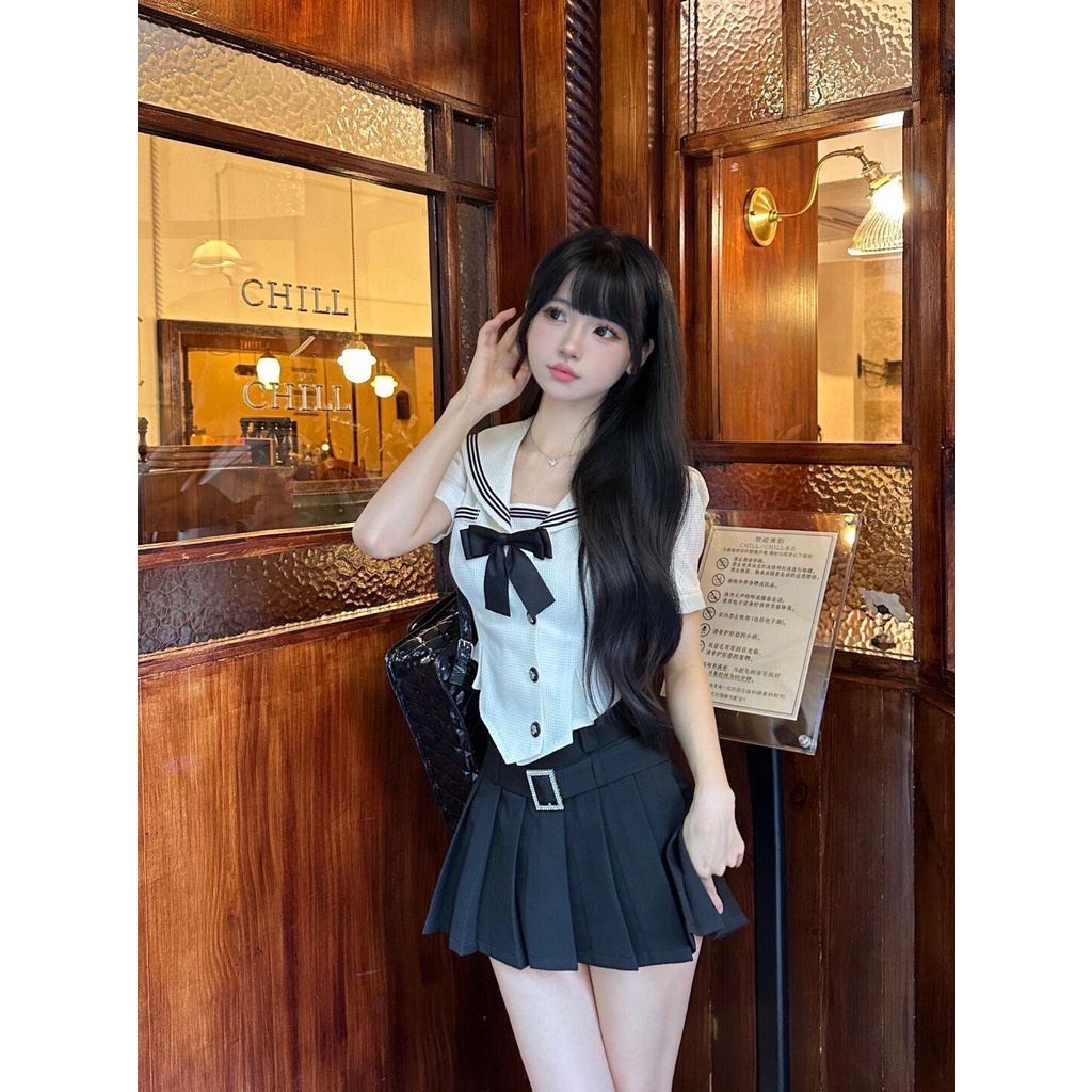 peach.jkSetelan Seragam Wanita Jepang Gaya Kuliah Kemeja Pendek Manis dan Pedas Rok Berlipat Wanita 