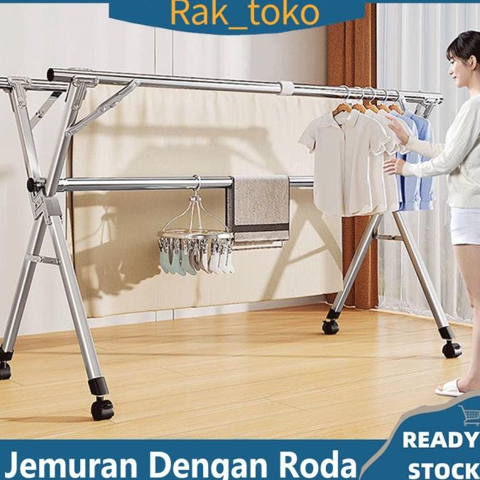 Jemuran Baju Lipat Stainless Steel Roda Jemuran pakian