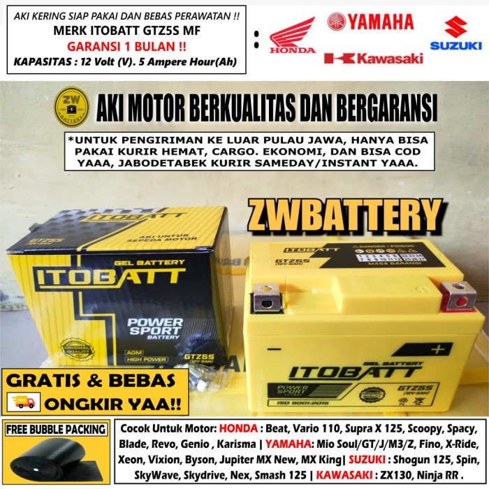 Aki Motor Mio J, Mio Soul Gt Gtz5S Itobatt Gel Battery/Aki Kering 5Ah