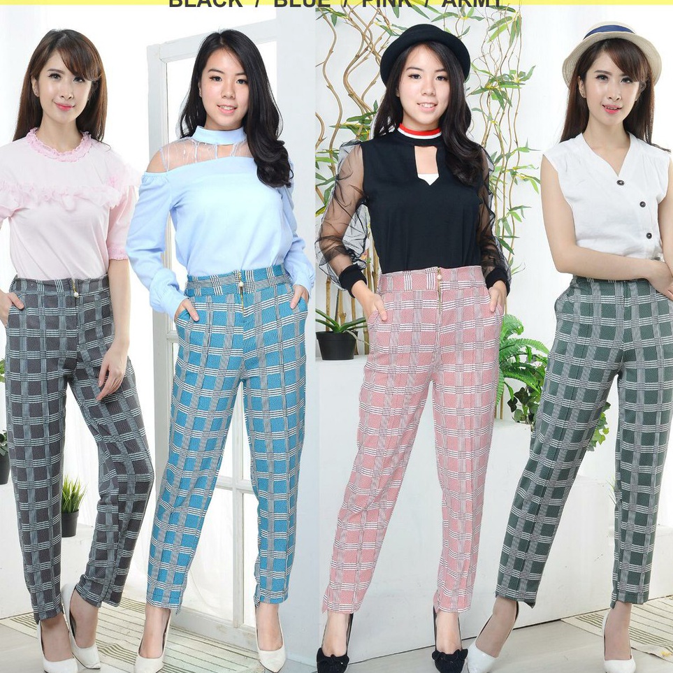 Star AHA-1102A CELANA MOTIF KOTAK WARNA BAHAN CREPE SPANDEK IMP SIZE PINGGANG KARET / Shalch Trendy 