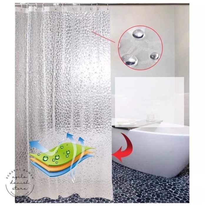Tirai Kamar Mandi 3D Waterproof Plastik Motif Transparan 180 Cm