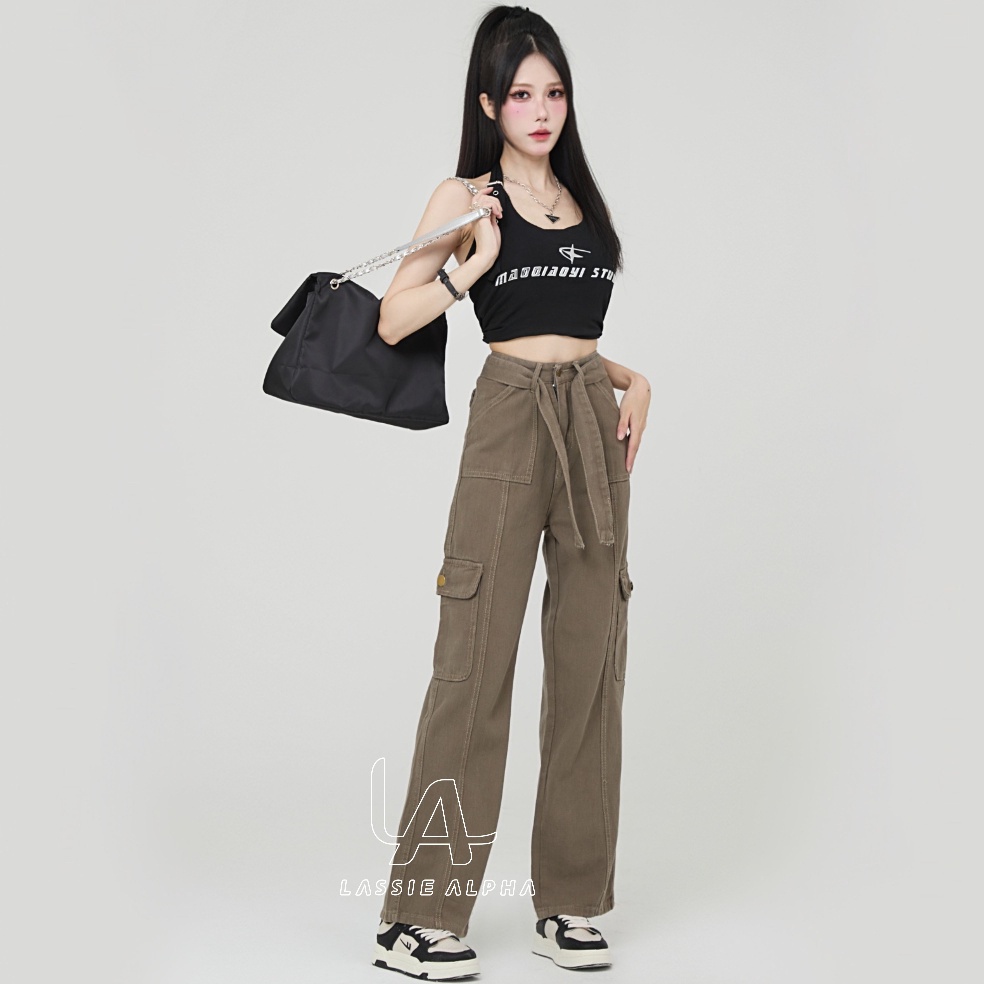 READY. Lassie alpha J41 jeans wanita jeans coklat jeans musim panas jeans kasual jeans longgar celan