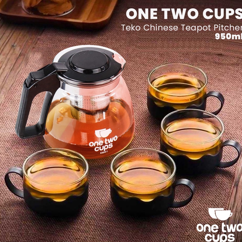 ☈ Teko Pitcher Minuman Teh Kopi dengan Saringan Infuser Set 4pcs Gelas Kaca / Teko Kaca 950ml dengan