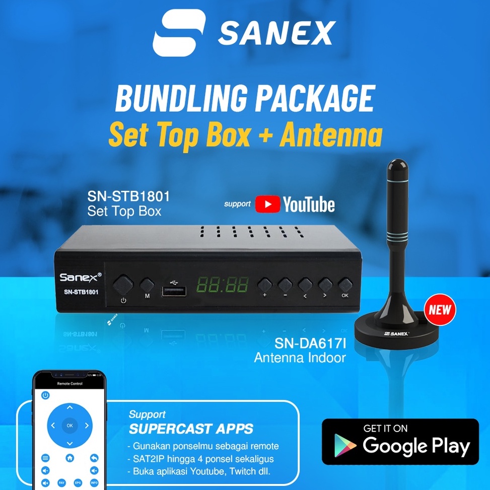 SALE TERBATAS. Sanex Set Top Box STB SN-STB1801 + Antena TV Digital SN-DA617I Indoor Bundling Promo