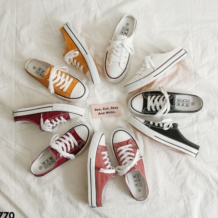 BOOMING. SEPATU SLOP WANITA CANVAS GAYA KOREA IMPORT SNEAKER PRAKTIS