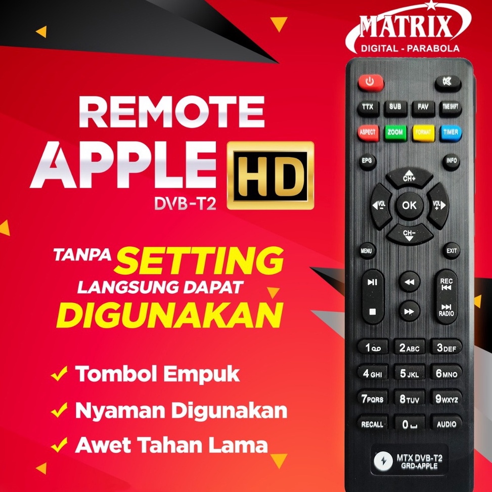 Terbaru RiG REMOTE RECIEVER DVB T2 MATRIX APPLE HD MERAH - REMOTE KHUSUS STB MATRIX MERAH ✬ ★★★★★
