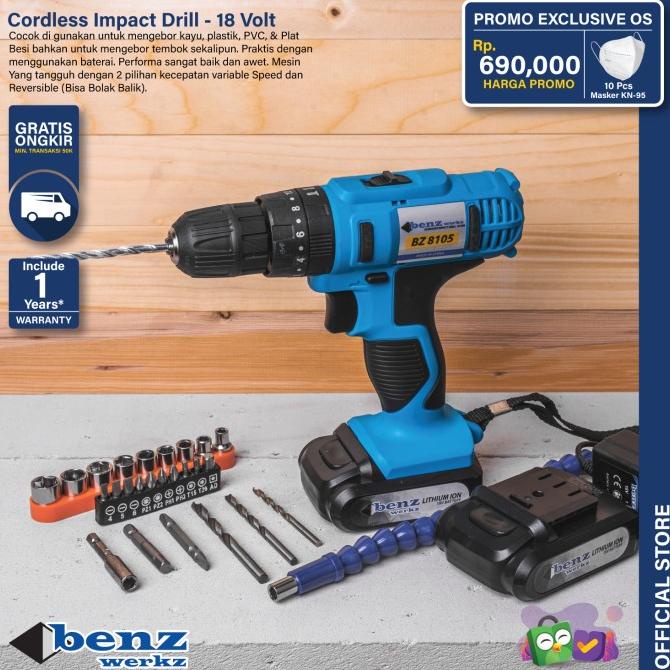 Mesin Bor Tembok Baterai 18V + Set Mata Obeng 23Pcs By Benz Werkz