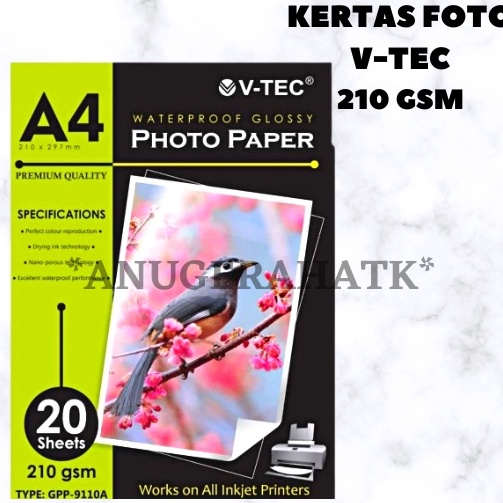 

QK61TW81 (1 PACK = 20 LMBR) Kertas Glossy Photo Paper Vtec A4 210 gsm / Kertas Foto / Kertas Photo V-Tec Produk