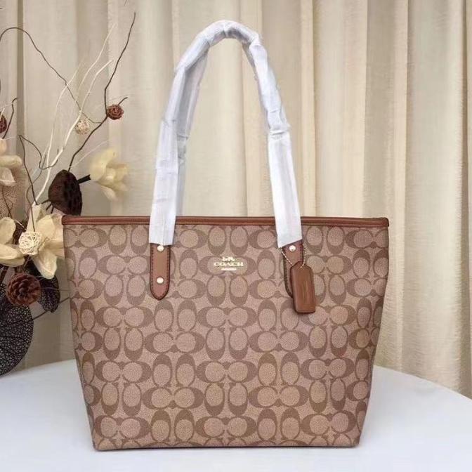 TAS C0ACH F58292 Tote City Zip Signature KHAKI SADDLE BROWN ORIGINAL