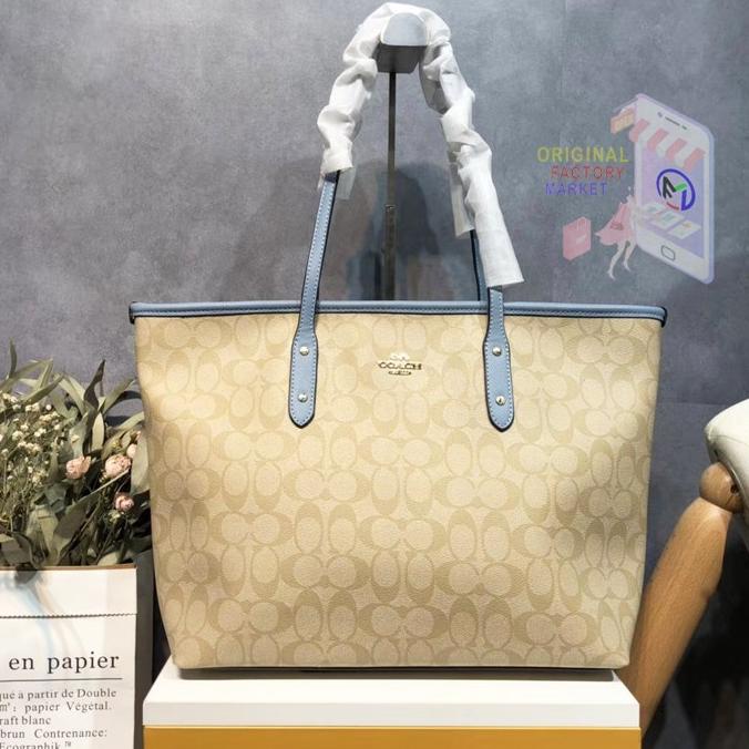 TAS C0ACH F58292 Tote City Zip Signature KHAKI Light Blue ORIGINAL