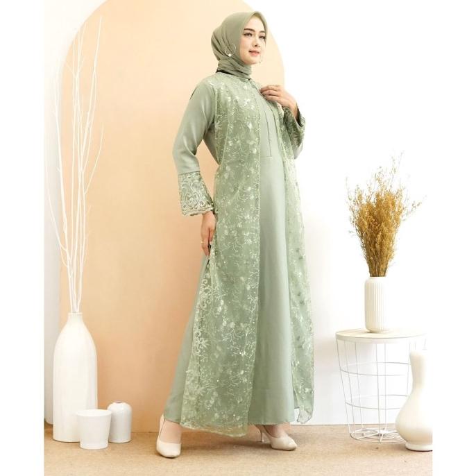 Lebaran gamis hena pesta brukat tile moscrepe dress hijau sage XL XXL
