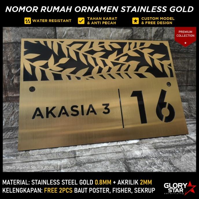 Nomor Rumah Modern Ornamen Stainless Gold + Akrilik Hitam