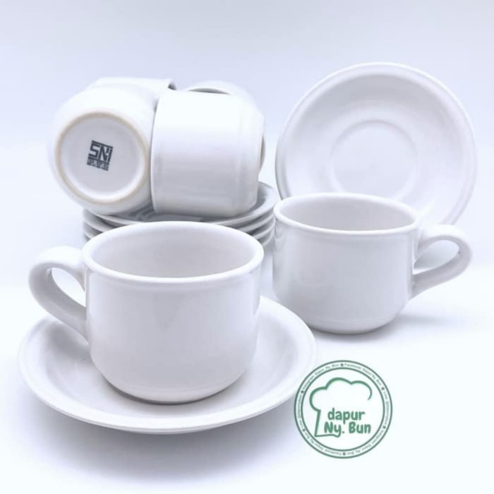 Cangkir Set Alas Tatak Putih Warna Warni Keramik Porselen Tebal Kuat Premium Nikura Kapasitas 220ML 
