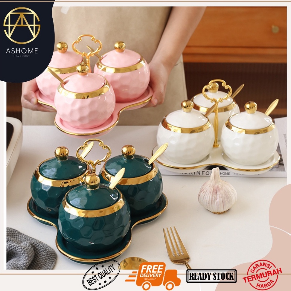 SALE. ASHOME Tempat Bumbu Set Keramik Bulat List Gold Mewah / Set Seasoning Jar Elegan / Tempat Bumb