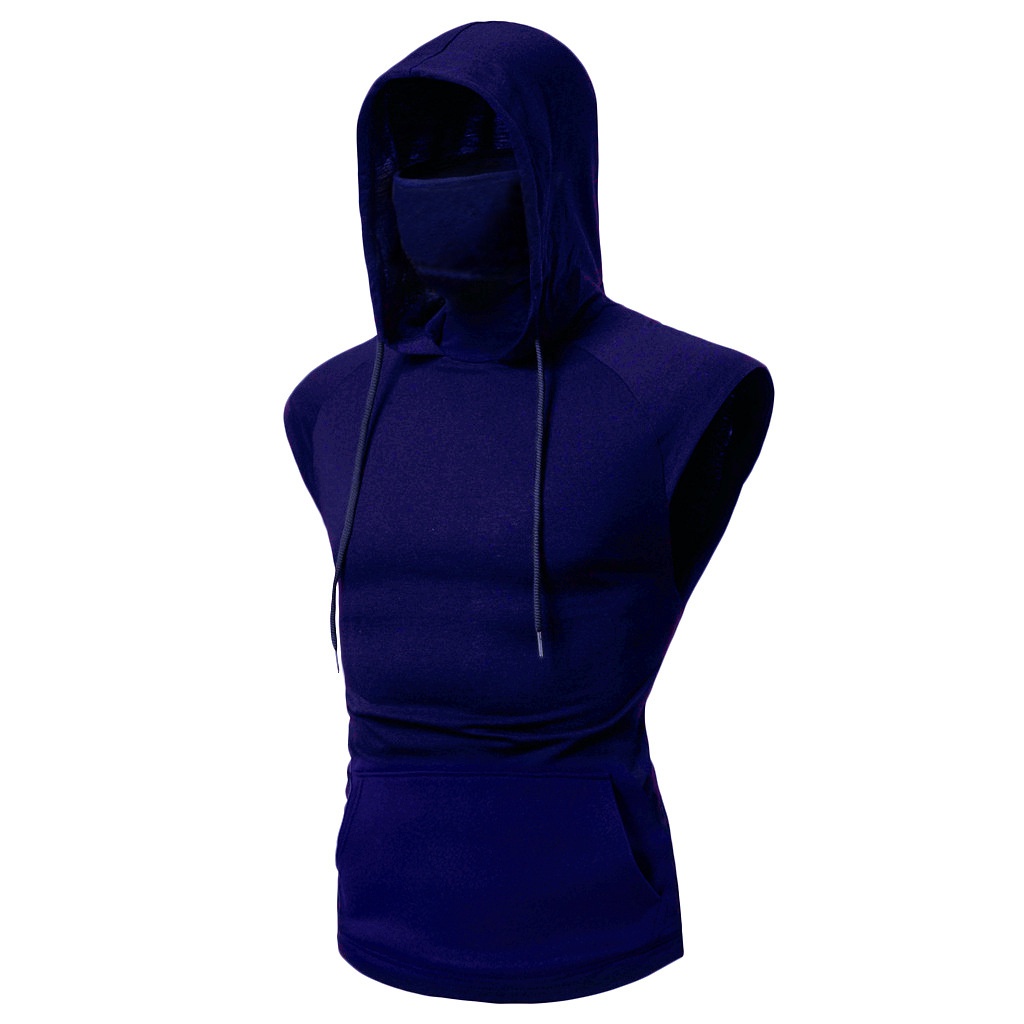 ❤Mens Gym Thin Hoodie Sleeveless Hoodies With Mask Sweatshirt Casual Splice Large Open-Forked Mask H