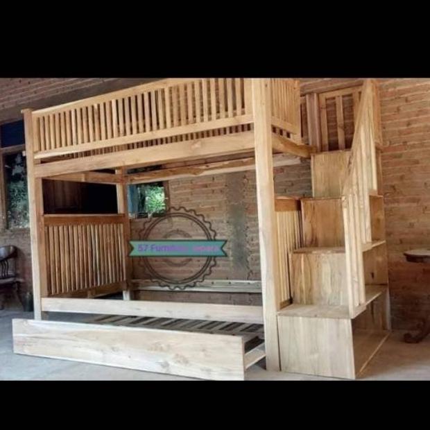 Promo Tempat Tidur Dipan Jati Tingkat 3 Ukuran 200X120Cm Tangga Laci Bestq