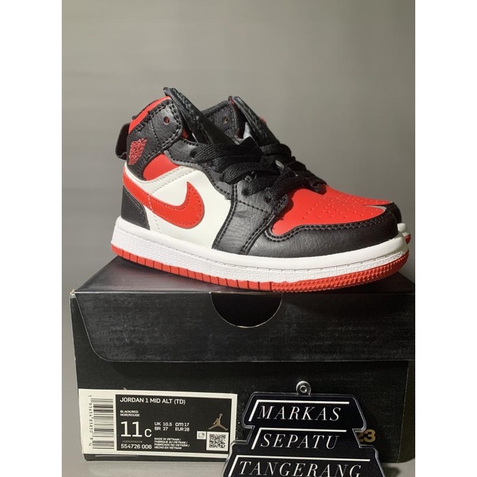 Terbaru Nike Air Jordan 1 Kids Mid Black / Chilli Red-White PK GOD BNIB