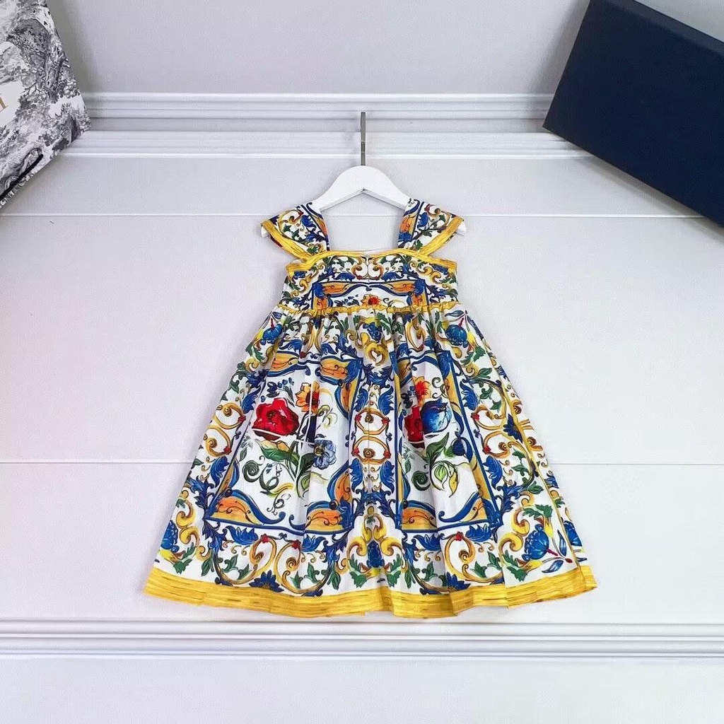 Top brand latest girls yellow flower fruit sling sleeveless square neck dress LL4164