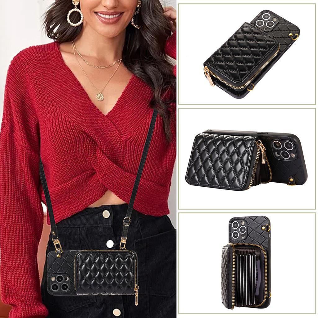 6ZTU Casing Kartu iPhone 16 15 14 Pro Max, Sarung HP dengan Tali Gantungan dan Tas Dompet Slot Kartu