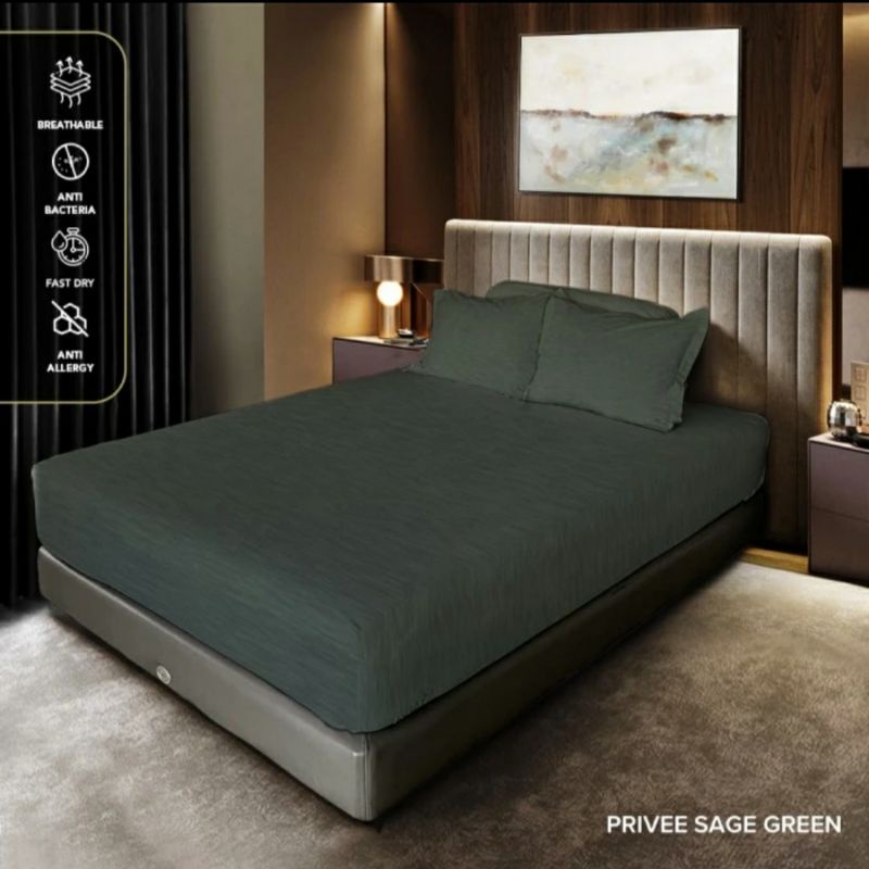 King Rabbit Reserve Sprei Double & Sarung Bantal Guling Motif Privee Sage Green