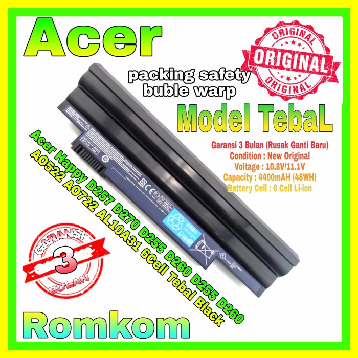 Baterai Acer original NoteBook Aspire one D255 D257 722 AL10B31 TEBAL