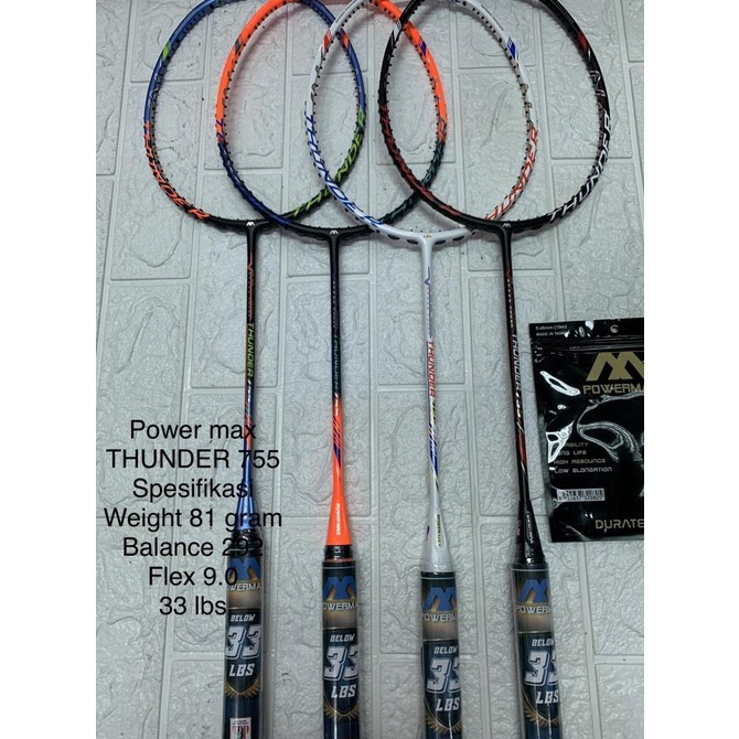 Raket Badminton POWER MAX THUNDER 755 grip 5U Original kuat 33Lbs
