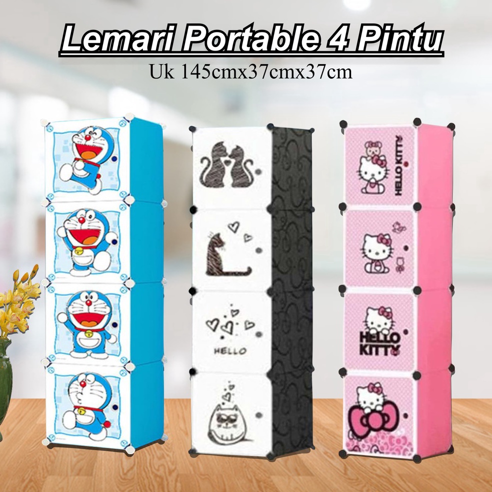 ⁂Kirim Langsung✤↑ CIHAV Lemari BAJU plastik susun 4 pintu pakaian rak serbaguna baju MOTIF KARTUN de