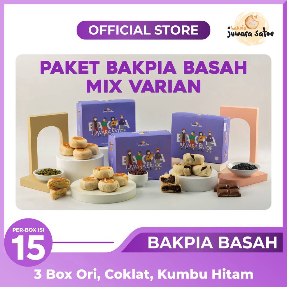 

12.12 [ 3 BOX ] PAKET BAKPIA BASAH MIX Kacang Hijau, Kumbu Hitam dan Coklat - JUWARA SATOE gas !!