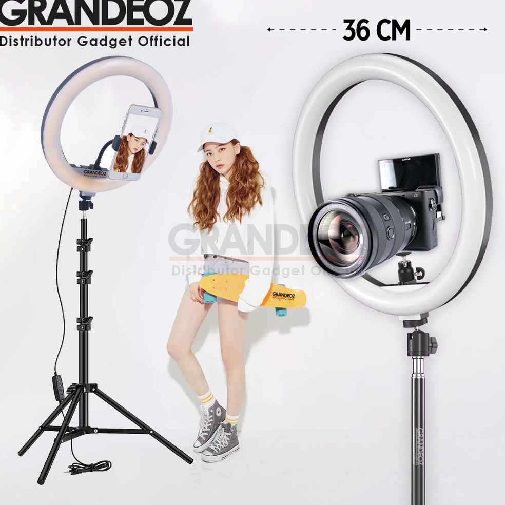 Sale.. PAKET RING LIGHT BESAR 36CM + TRIPOD 2M Lampu Rias Make Up Vlog Video Studio Kamera Handphone