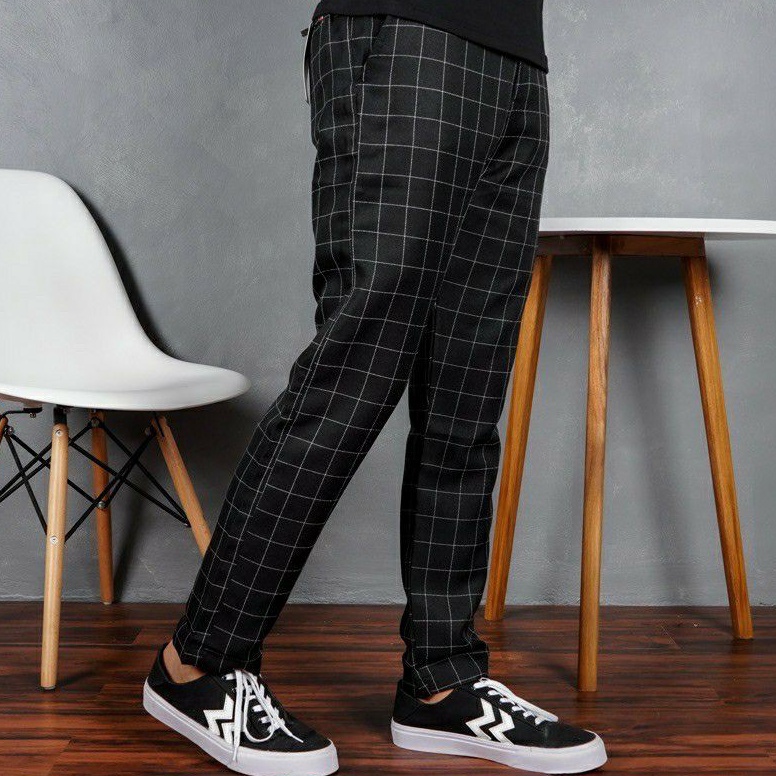 BEST PRODUCT Celana Chino Tartan Pria Ankle Pants Motif Kotak Kotak Panjang Cowok Salur Model Korea 