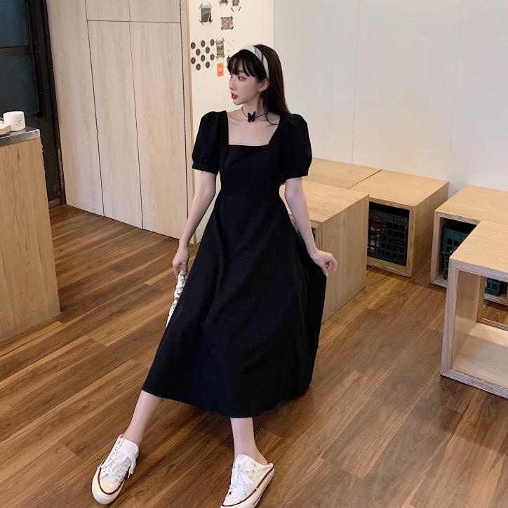 Flash Sale - XIAOZHAINV Korea Retro Hitam Gaun Panjang Wanita ,,