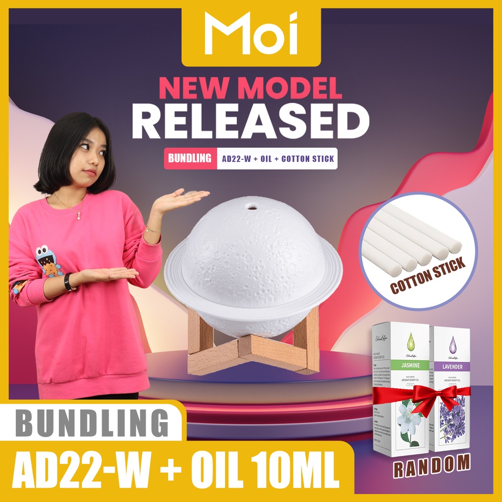 [ PAKET BUNDLING ] Moi 200ML Humidifier Diffuser Air Purifier Aromaterapy | Beautiful Night Light Planet