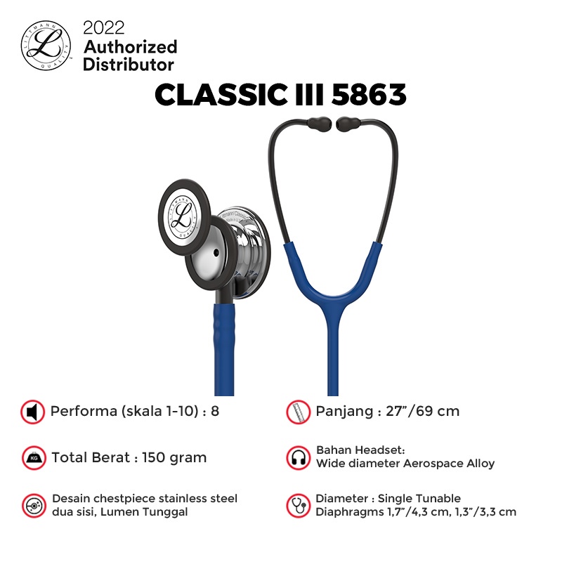 3M Littmann Classic III Stethoscope / Stetoskop Dewasa NAVY TUBE MIRROR CP - NAVY - 5863