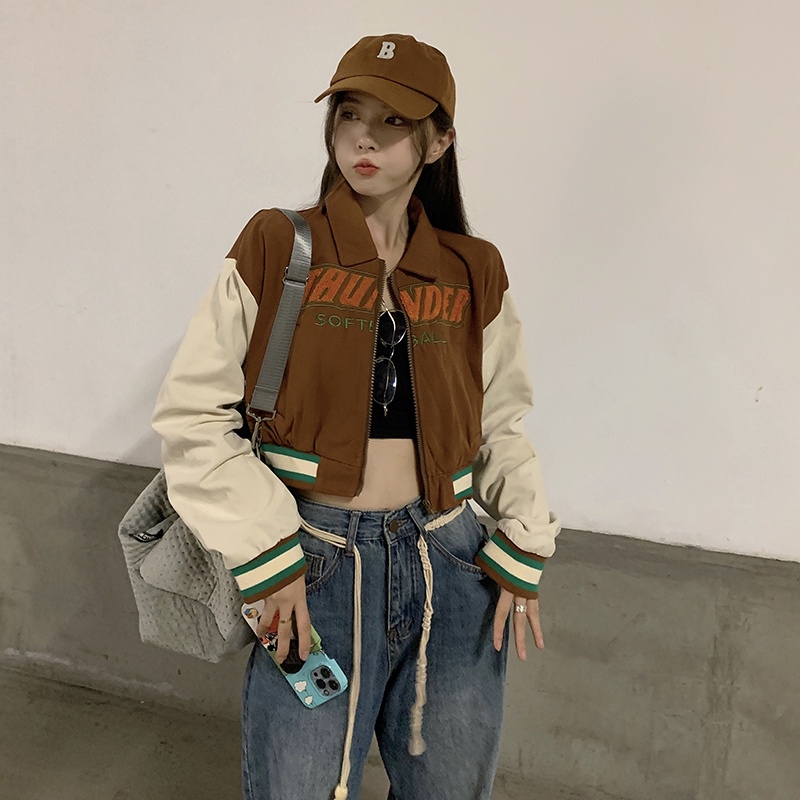 Jaket Baseball Crop Wanita Vintage Jacket Kekinian Korean Style