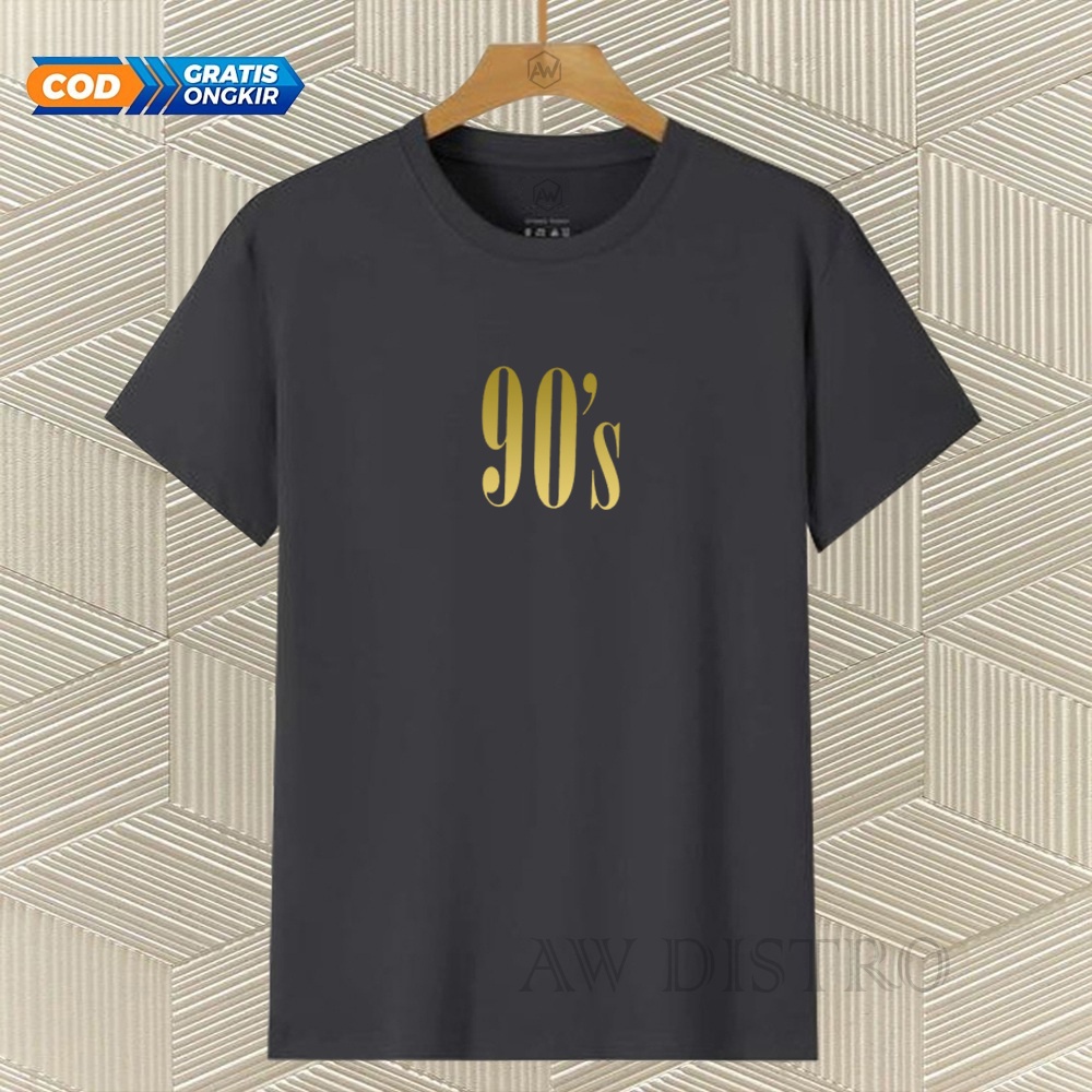 COD Baju Kaos Distro 90S Teks Gold Premium Quality Lengan Pendek