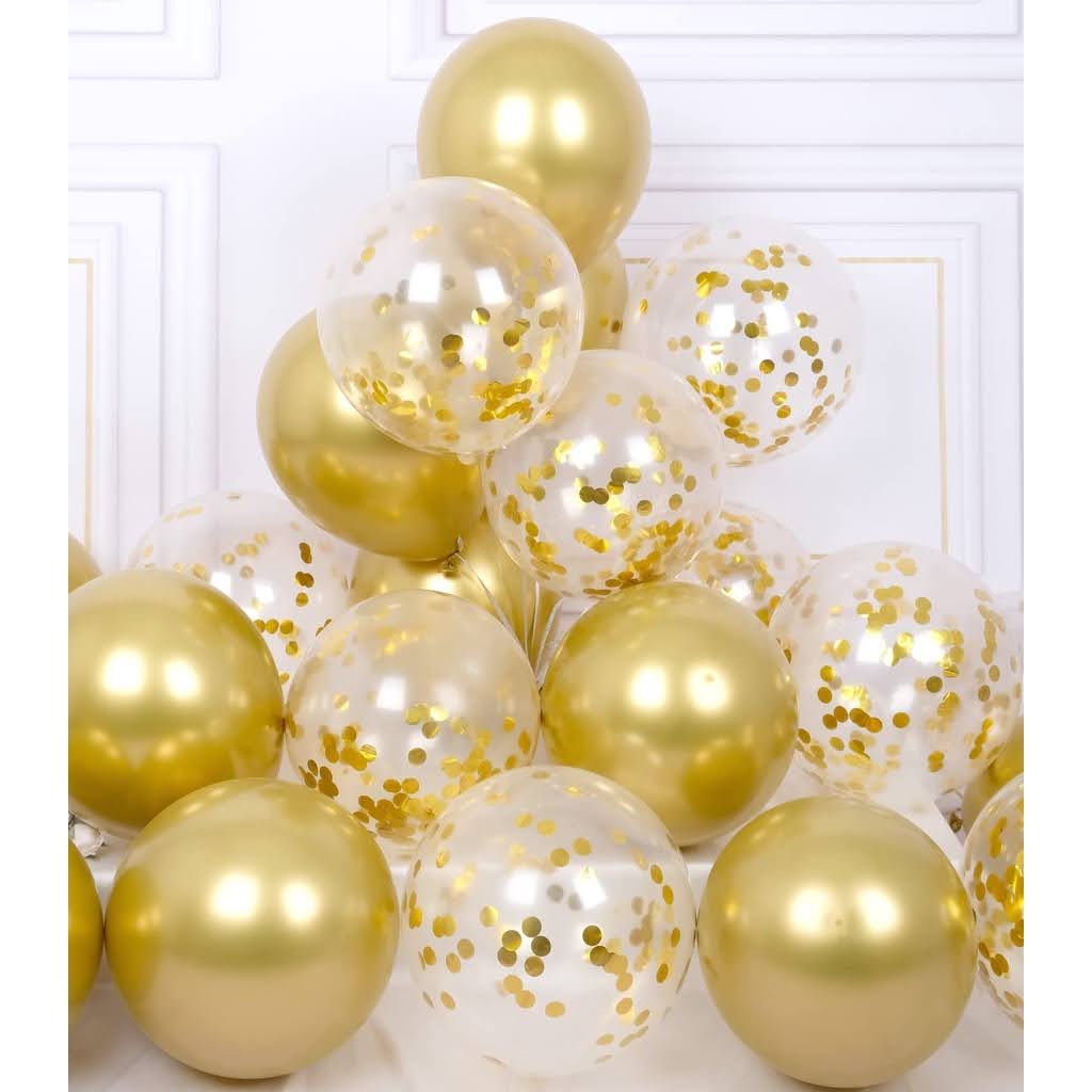 [10PCS] Balon Pesta Metalik Untuk Acara Ulang Tahun Aesthetic Keren Unik Warna Emas Transparan Manik-manik Gold Metallic Confetti Baby Shower Happy Birthday Party 12 Inch Bahan Berkualitas