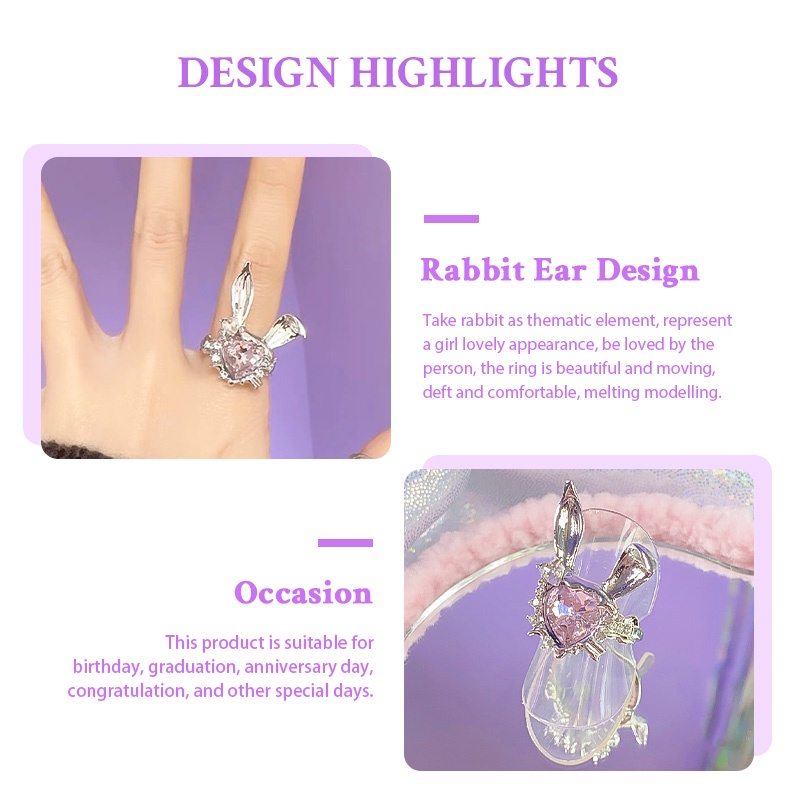 Pretty Rabbit Zircon Open Ring Female Sweet Cool Style Cincin Dapat Disesuaikan