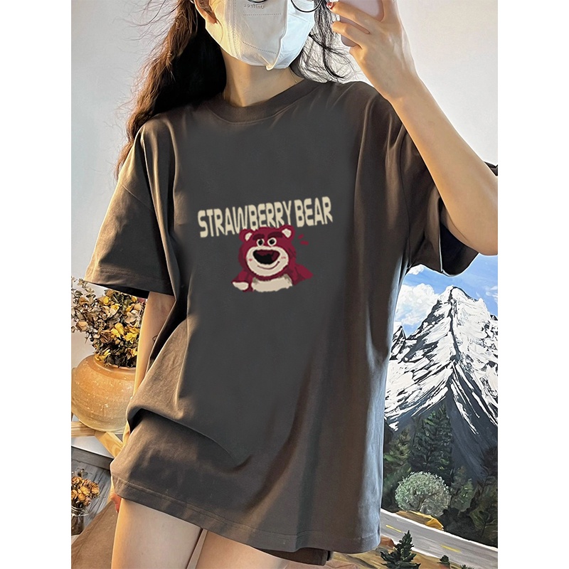 baju atasan wanita terbaru korean style lengan pendek oversize cartoon graphic print t-shirt import Strawberry Bear Doodle kaos hitam