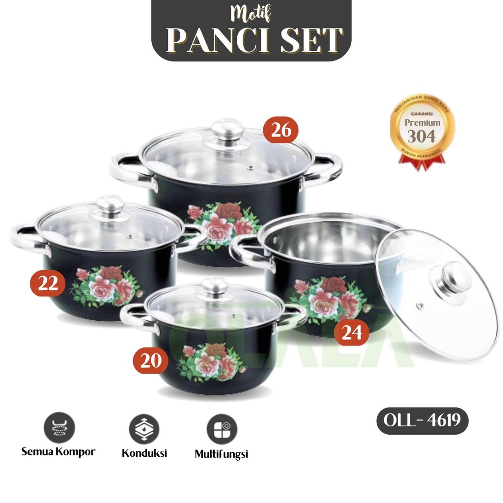 PANCI BUNGA SET 4 SUSUN STAINLESS STEEL TUTUP KACA SOUP POT MULTIFUNGSI OLL-CH4619