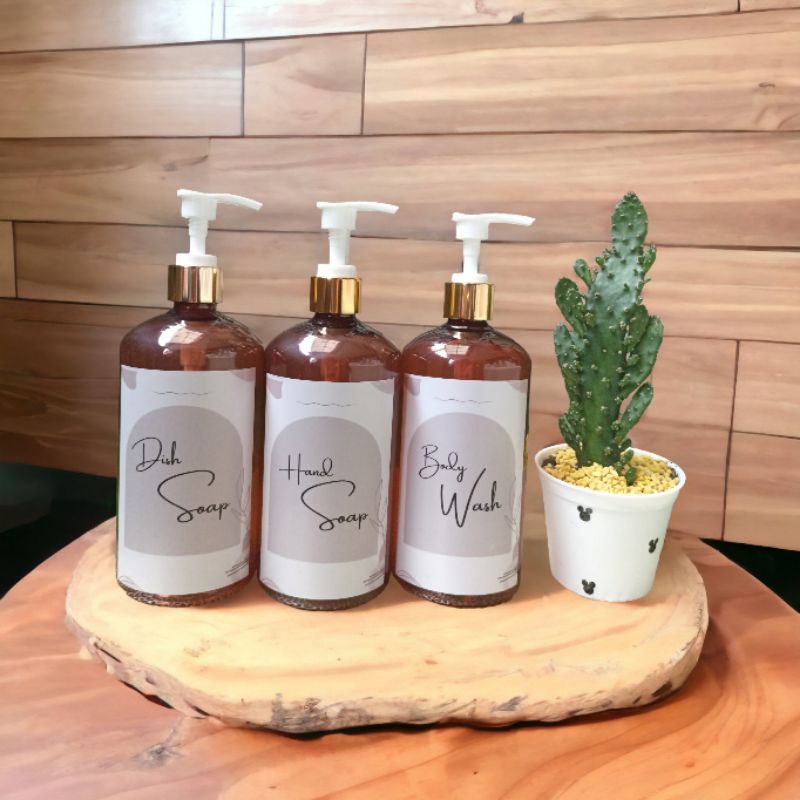 Botol refill 500ml pump free sticker label anti air body wash sabun mandi cuci tangan kosong bottle refillable estetik minimalist aesthetic home decor bathroom amber dark coklat ikea 500 ml