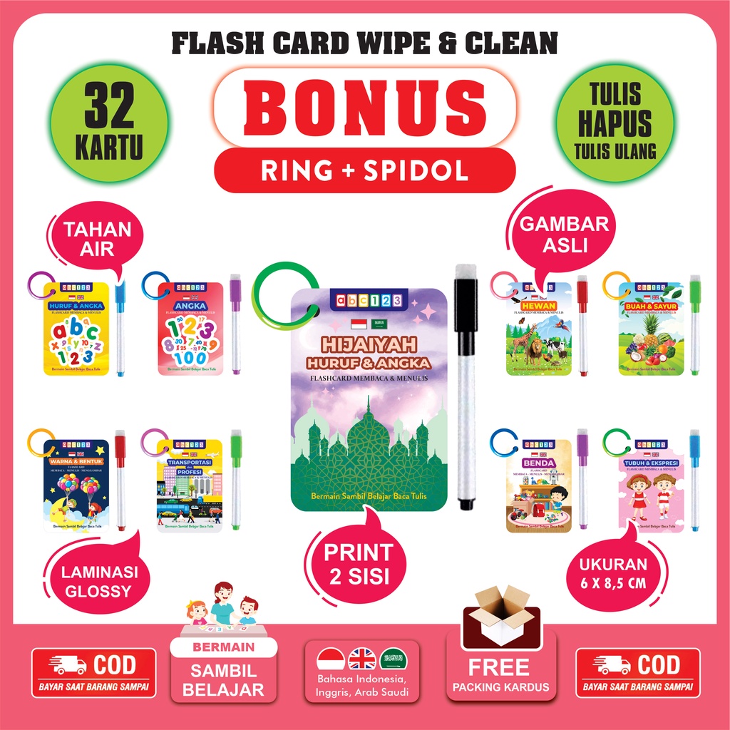 Flash Card Wipe and Clean ( BONUS RING + SPIDOL ) Mainan Edukasi Flashcard Kartu Pintar